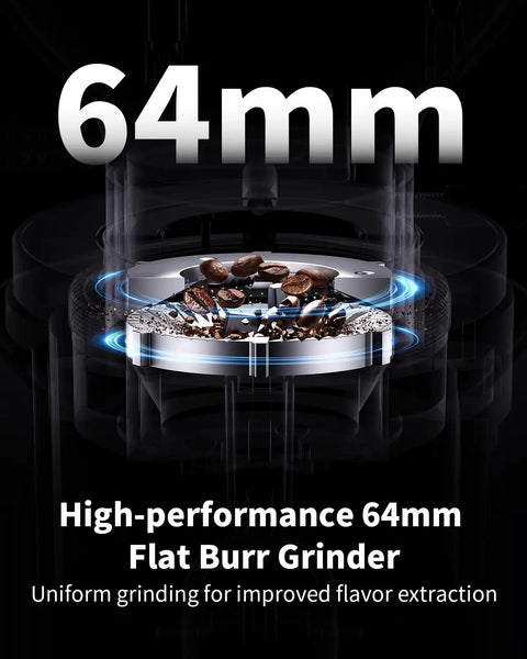 Premium 64Mm Flat Burr Coffee Grinder Featuring 100 Exact Grind Settings And Anti Static Technology For Smooth Daily Brews And Top Shelf Espresso Results In Matte Black, showcasing 64mm burrs and coffee beans.