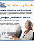 Customer service representative smiling with headset, Gevancy logo and satisfactory service text background