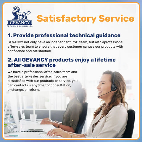Customer service representative smiling with headset, Gevancy logo and satisfactory service text background
