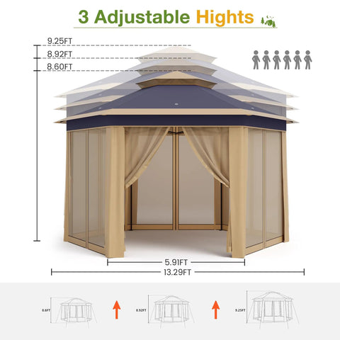Front view of Pop Up Canopy Tent 13x13 Ft Instant Gazebo With Mosquito Netting Enclosure, UV Protection, Adjustable Heights