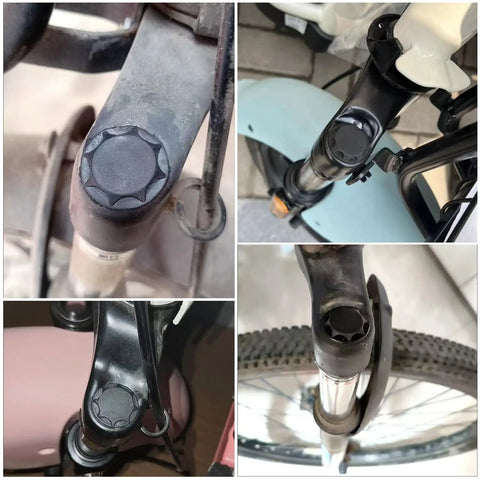 Close-up of Six Pack Rubber Dust Caps For Bike Suspension Forks 19mm ID Protective Plugs on MTB forks, showing various angles