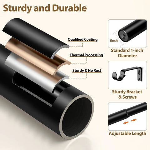 Adjustable Black Curtain Rod From 32 To 144 Inches Heavy Duty 1 Inch Curtain Rods details with coating layers and brackets