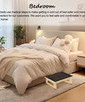 Bedroom with high bed and sturdy wooden step stool for adults and seniors with non slip rubber tread, 5.5 inch rise, 450 lbs capacity.