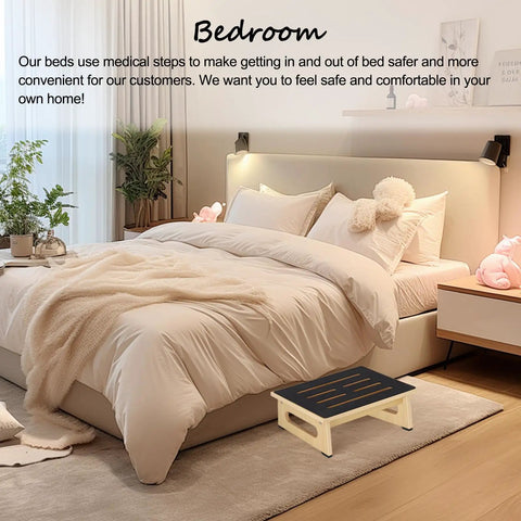 Bedroom with high bed and sturdy wooden step stool for adults and seniors with non slip rubber tread, 5.5 inch rise, 450 lbs capacity.