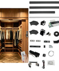 Kickass Motorized Sliding Barn Door Hardware Kit Featuring Super Smooth Glide Control Remotes And Touch Panels For Up To Fifty Nine Inch Doors Zero Floor Track Required Rapid Install components displayed with remote, tracks, and installation parts.