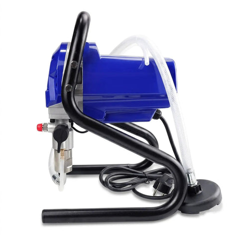 Portable 1800 Watt Airless Paint Sprayer Delivers 2175 Psi High Pressure side view with tubing and black support stand.