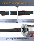 Ultra Flexible 22 Inch Long Crevice Tool for Dyson V7 to V15 Vacuums, showing detachable vacuum head and adapter installation