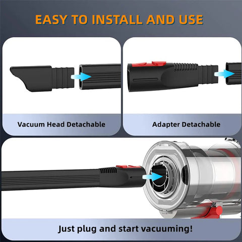 Ultra Flexible 22 Inch Long Crevice Tool for Dyson V7 to V15 Vacuums, showing detachable vacuum head and adapter installation