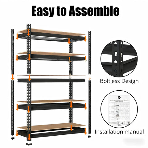 Heavy Duty Five Tier Metal Shelving Unit 48 By 24 By 72 Inches Industrial Storage Rack with boltless design and installation manual.