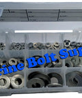 Type 316 stainless steel flat washer assortment kit in clear plastic organizer box (front view), Amazon brand.