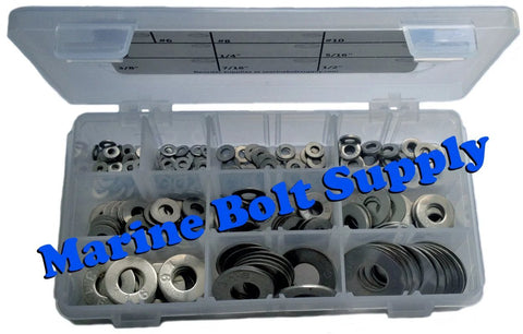 Type 316 stainless steel flat washer assortment kit in clear plastic organizer box (front view), Amazon brand.
