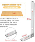 Diagram of L Shaped Corner Bracket 5 by 2 Inches, showcasing dimensions and board fit, stainless steel, matte black, holds 42 pounds per bracket.