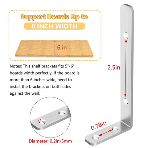 Diagram of L Shaped Corner Bracket 5 by 2 Inches, showcasing dimensions and board fit, stainless steel, matte black, holds 42 pounds per bracket.