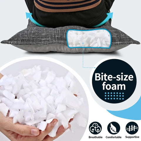 22 Inch Large Floor Pillow With Thick Memory Foam Cushion, Non Slip Square Seat Pad For Office Back Support, Indoor Yoga And Chair Use, Color Block Fabric Washable Cover, Light Gray, bite-size foam shown