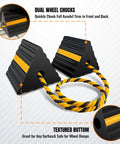 Tough Rubber Wheel Chocks For RVs Trailers Campers Trucks Cars Aircraft And Boats With Reflective Strips shown on white background.
