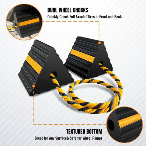 Tough Rubber Wheel Chocks For RVs Trailers Campers Trucks Cars Aircraft And Boats With Reflective Strips shown on white background.