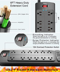 Six Foot Surge Protector Power Strip With Twelve Outlets And Four USB Ports, Heavy Duty Extension Cord, 2700 Joules, Overload Protection, Perfect For Home Office, Gaming Setup, And More. 6ft cord, 12 outlets, 4 USB ports