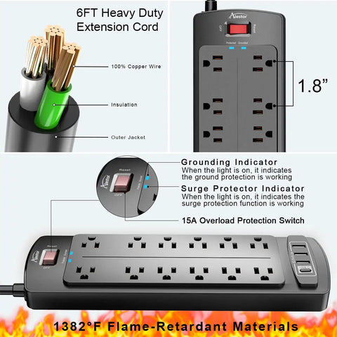 Six Foot Surge Protector Power Strip With Twelve Outlets And Four USB Ports, Heavy Duty Extension Cord, 2700 Joules, Overload Protection, Perfect For Home Office, Gaming Setup, And More. 6ft cord, 12 outlets, 4 USB ports