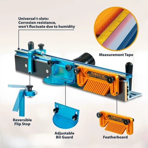 Pro Grade Deluxe Router Table Fence Kit For Woodworking With Three And Three Eighths Inches Tall And Twenty Four Inches Long, Includes Reversible Flip Stop, Dust Port, Adjustable Bit Guard, Featherboard, Universal T Slots with measurement details.