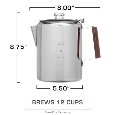 Stainless Steel Percolator Coffee Pot With Glass View Top, No Aluminum Or Plastic, 12 Cup Capacity, dimensions shown
