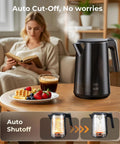 Fast Boil Electric Kettle 1.0L 1200W With 7 Temperature Settings 4 Hour Keep Warm Auto Shut Off Cool Touch Stainless Steel 120V Water Boiler For Home Office Black on table with breakfast