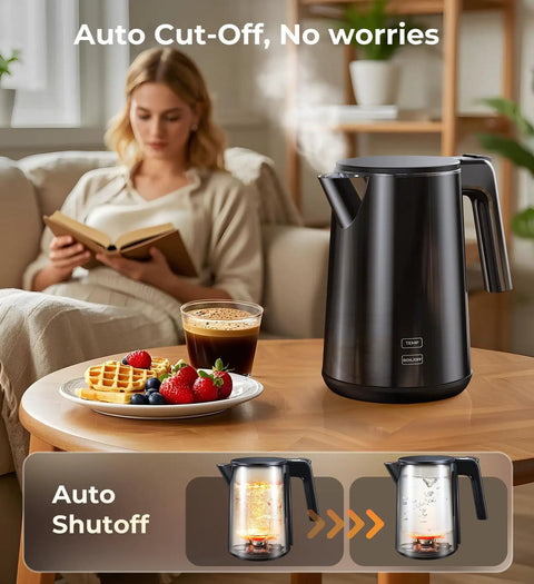 Fast Boil Electric Kettle 1.0L 1200W With 7 Temperature Settings 4 Hour Keep Warm Auto Shut Off Cool Touch Stainless Steel 120V Water Boiler For Home Office Black on table with breakfast