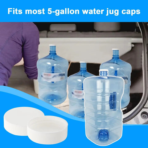 Six Pack Of 53Mm Screw On Water Bottle Caps With Foam Lined Leak Free Seal For 5 Gallon Jugs Rock Solid Replacement Lids 53 400 Thread Size Easy Change White shown with 5-gallon water jugs in background.
