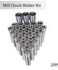 R8 Collet Set 29-Piece 1/32 Inch to 1 Inch Mill Collets Kit in Steel for Mill Machine with Chuck Holder displayed in pyramid form