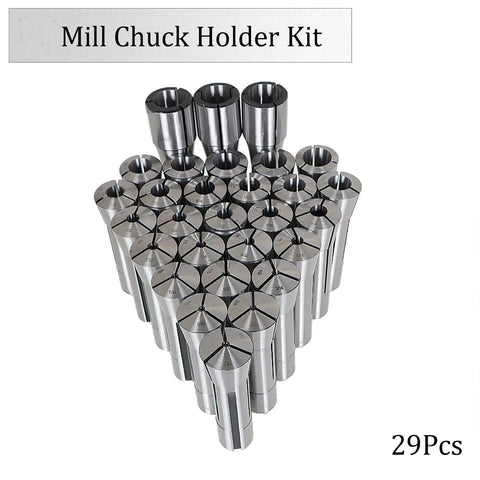 R8 Collet Set 29-Piece 1/32 Inch to 1 Inch Mill Collets Kit in Steel for Mill Machine with Chuck Holder displayed in pyramid form