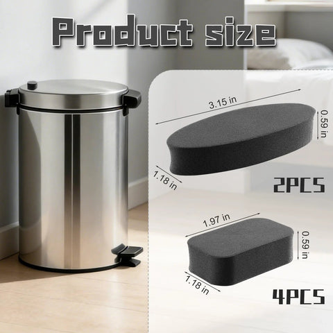 Six Pack Adhesive Trash Can Wall Guards No Drill Backing with size dimensions next to a trash can in modern setting.
