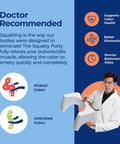 Doctor holding adjustable bathroom toilet stool with removable topper, infographic on colon health and ergonomic benefits for adults and kids.