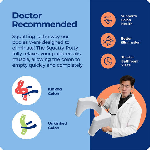 Doctor holding adjustable bathroom toilet stool with removable topper, infographic on colon health and ergonomic benefits for adults and kids.