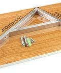 Heavy Duty Stainless Steel Triangle Shelf Brackets Pack Of Two Built Like A Tank Corner Supports showing dimensions and screws on wood.