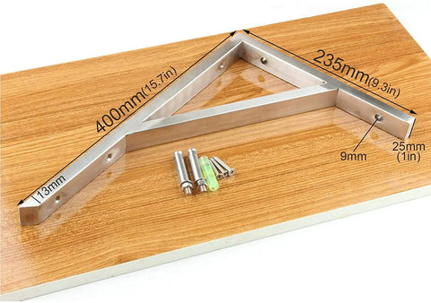 Heavy Duty Stainless Steel Triangle Shelf Brackets Pack Of Two Built Like A Tank Corner Supports showing dimensions and screws on wood.