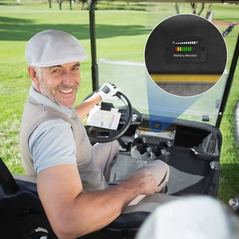 Universal Led Golf Cart Battery Level Indicator Meter Monitor For 12V To 72V Lithium And Lead Acid With Ten Segment Gauge Display in use on golf cart.