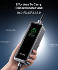 Level 2 EV Charger With WiFi App, 32A J1772, hand holding portable charger with display, ergonomic design, indoor outdoor use