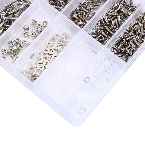 Legit Stainless Steel Micro Screw Nut Washer Assortment For Glasses Eyewear And Watches Jewelry Repair displayed in clear storage box.