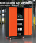 Heavy Duty Storage Cabinet With Built In Tool Drawer And Adjustable Shelves, Built To Last Reinforced Steel Construction For Tough Workshops, Keeps Screws Bits Tape Measures And Small Hardware Organized And Ready For Grab And Go Use. Open orange steel cabinet on casters in workshop