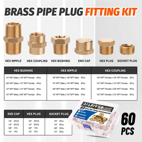 Front view of Ailbiuko 60-piece brass pipe fittings kit with hex nipple, hex coupling, bushing, end cap, hex plug.