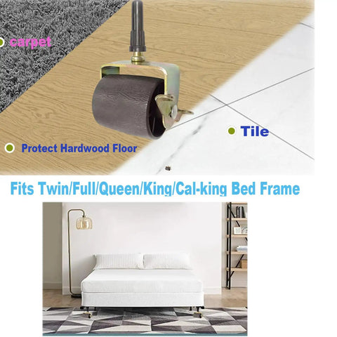 Locking Bed Frame Casters With Socket Sleeve Inserts, Replacement Wheels for Standard Bed Frame Legs shown rolling on floor