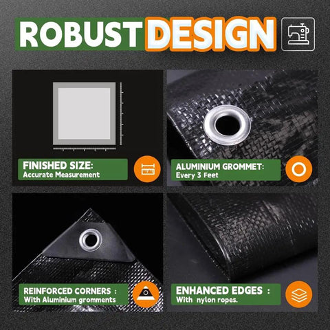 Black Tarp 6x8 Feet, 8 Mil Heavy Duty Waterproof Poly Cover With Metal Grommets And Reinforced Edges Built To Last details