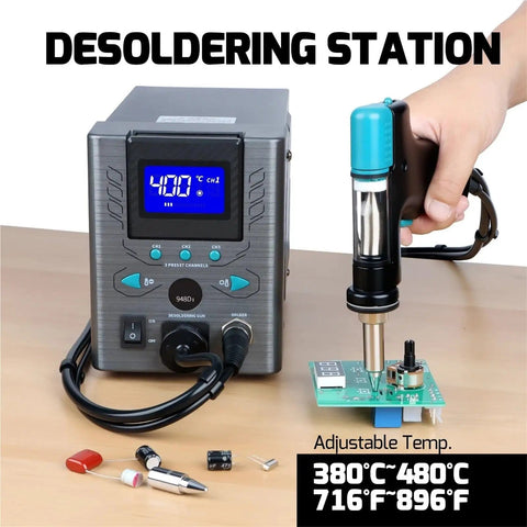 Pro Grade High Power 110W Desoldering Station Kit with adjustable temp and LCD display shown with suction gun on PCB model 948D I