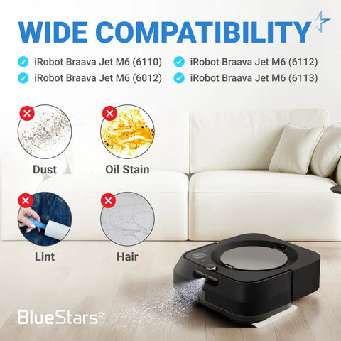 Washable And Reusable Wet Mopping Pads For iRobot Braava Jet M6 cleaning diagram showing removal of dust, oil stain, lint, hair