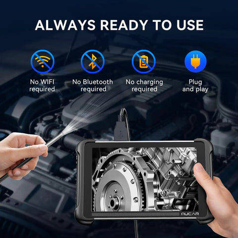 Ultra Slim 5.5mm USB Endoscope Borescope with 6 LED Lights showing engine details on a screen, no wifi or charging required.