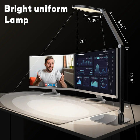 LED Desk Lamp With Eye Care Diffused Light, 3 Color Temperatures And 10 Brightness Levels, placed on office desk next to monitor.