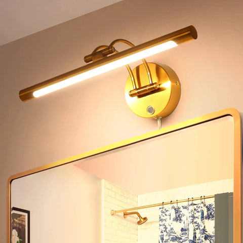 Brass 16 Inch LED Vanity Light Dimmable Wall Sconce With Adjustable Arm Plug In Bedside Reading Lamp above mirror
