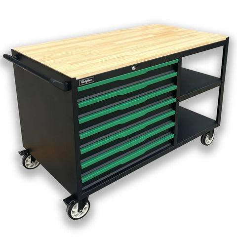 7 Drawer Rolling Tool Cart Chest With Wood Workbench And Double Shelves Lockable Drawers Beefy Steel Build