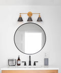 Farmhouse Black 3 Light Vanity Fixture For Bathroom With Gold Socket And Brushed Antique Silver Cone Shade Modern Open Frame Bath Lighting That Looks Dope And Fits 25.5 Inch Long 6.5 Inch Wide And 10.5 Inch High installed above round mirror