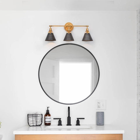 Farmhouse Black 3 Light Vanity Fixture For Bathroom With Gold Socket And Brushed Antique Silver Cone Shade Modern Open Frame Bath Lighting That Looks Dope And Fits 25.5 Inch Long 6.5 Inch Wide And 10.5 Inch High installed above round mirror