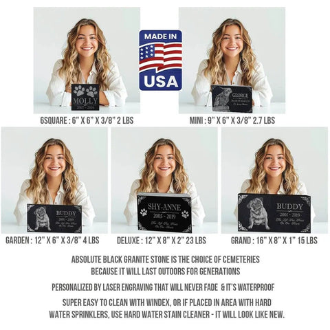 Woman holding various sizes of Custom Horse Memorial Stone For Garden And Grave Marker, Outdoor Headstone For Horse Lovers.